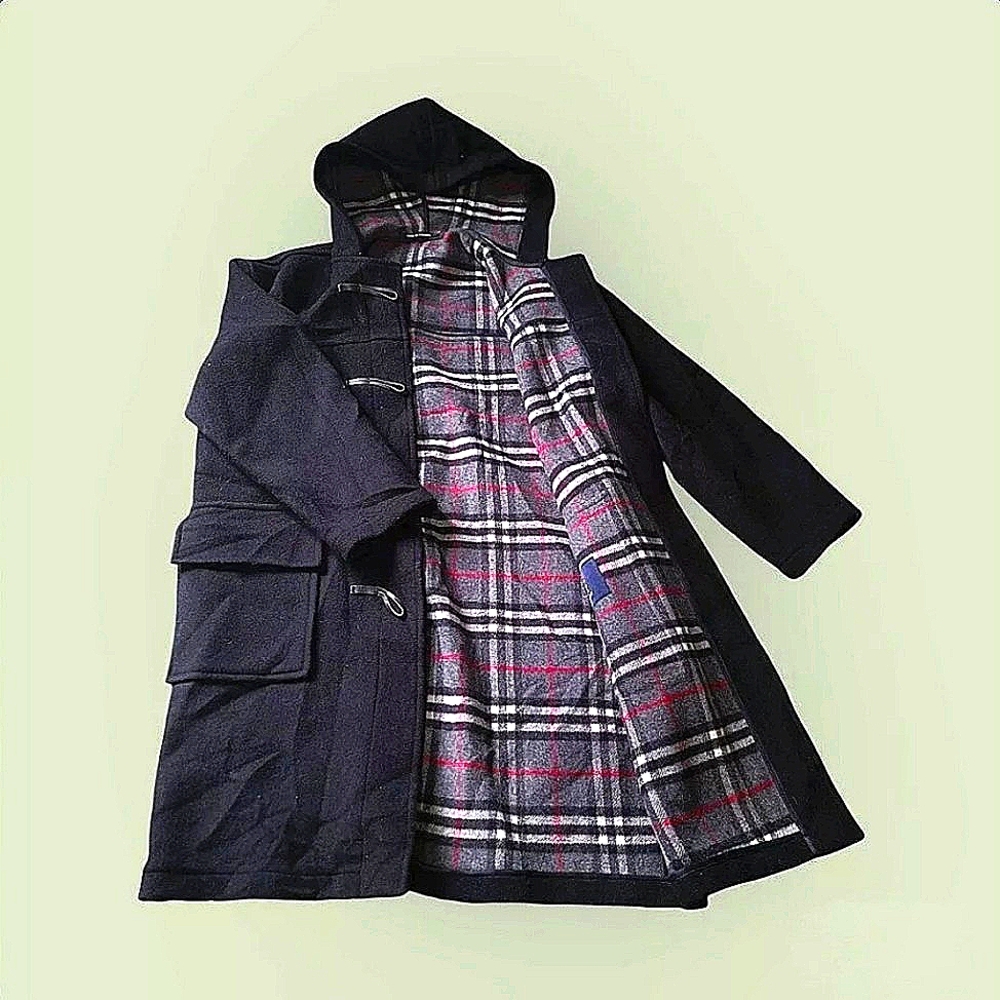 Burberry London Duffle Coat Mens Small Gray Wool Hooded Toggle Peacoat Y2K